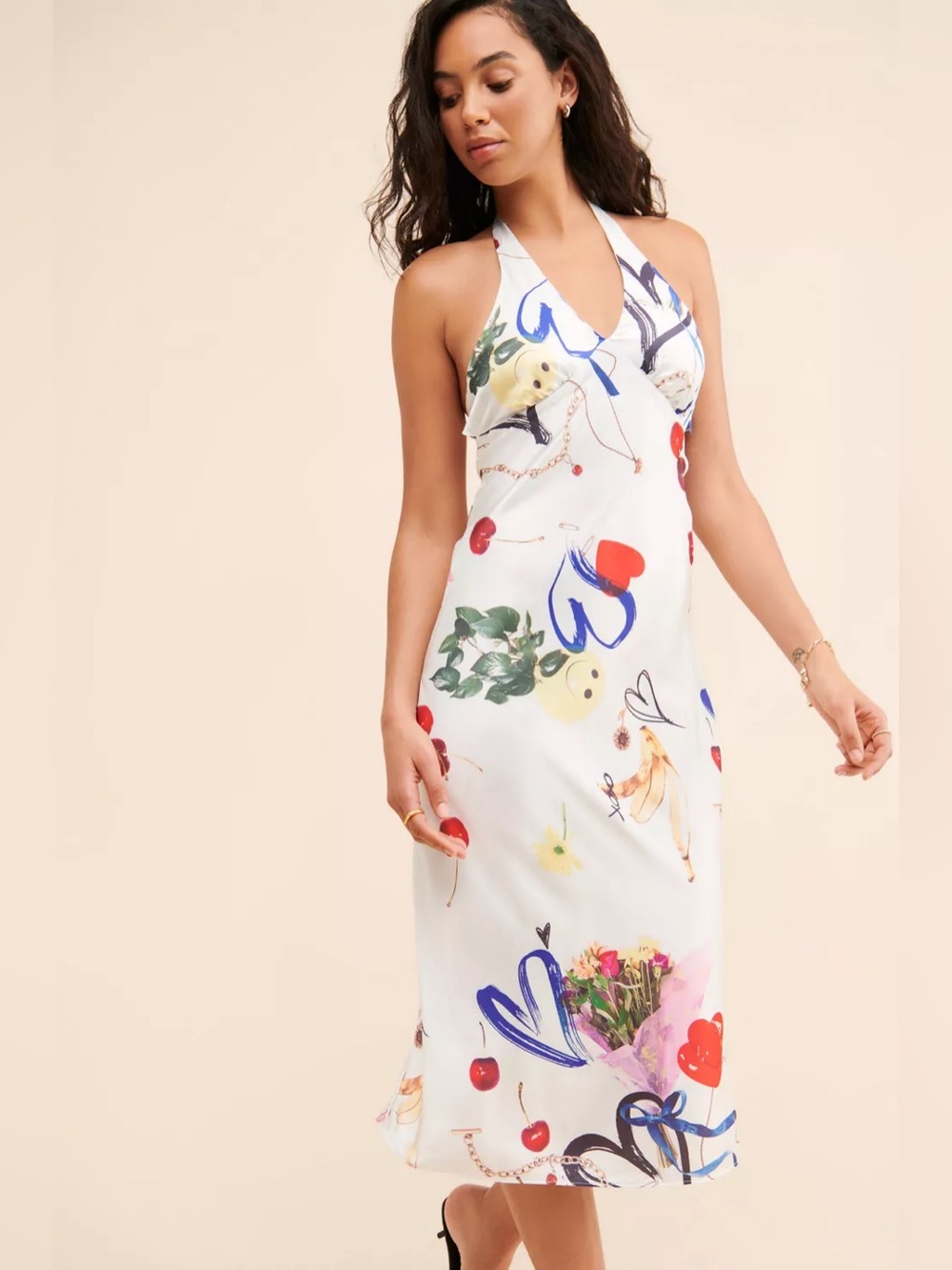Urban Outfitters Everleigh Halter Midi Dress White Multicolor Heart & Floral